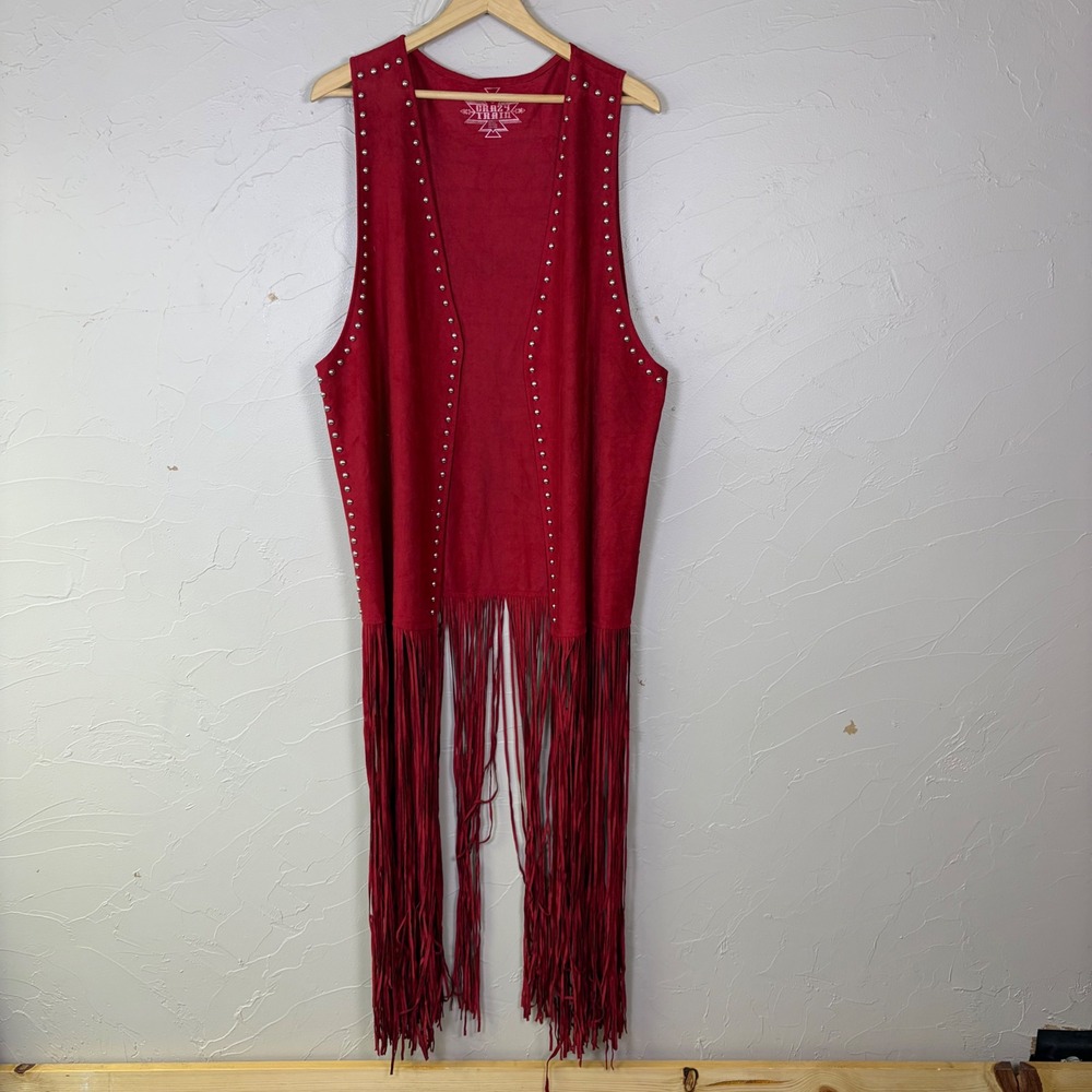 Crazy Train Faux Suede Fringe Vest Womens Plus Red Studded Western Cowgirl Boho
